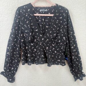 Girlish V neck floral long sleeve Women's crop Top Blouse